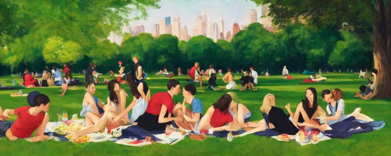 Image similar to a young generation z group of friends having a picnic in a central park manhattan new york on friday mid - summer of 2 0 2 2, in the style of an edward hopper painting