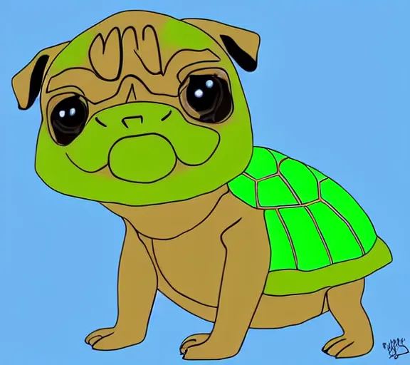 Image similar to a cute pug wearing a cute turtle outfit, digital art, colourful