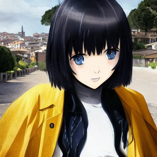 Image similar to 1 7 - year - old pale - skinned anime girl with black long bob cut, long bangs, black gothic jacket, black jeans, running through italian town, yellow sunshine, sepia sun, strong lighting, strong shadows, vivid hues, ultra - realistic, sharp details, subsurface scattering, intricate details, hd anime, 2 0 1 9 anime