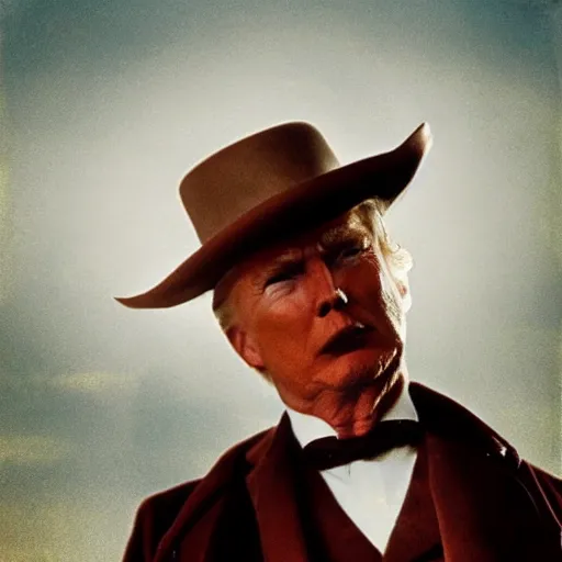 Image similar to an 1 8 0 0 s photo of donald trump playing the role of clint eastwood, squinting at high noon, in the style of a clint eastwood movie, the good, the bad and the ugly, distinguished, clint eastwood, vibe, glory days, mount rushmore, stern, resolve, formal, justice, american flag, independence, patriotism, symmetry, centered, balance