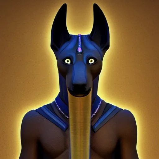 Image similar to anubis, nasus, digital model, head, detailed, beeple, art station, egypt, full color, head, colored, perfect lines, symetric