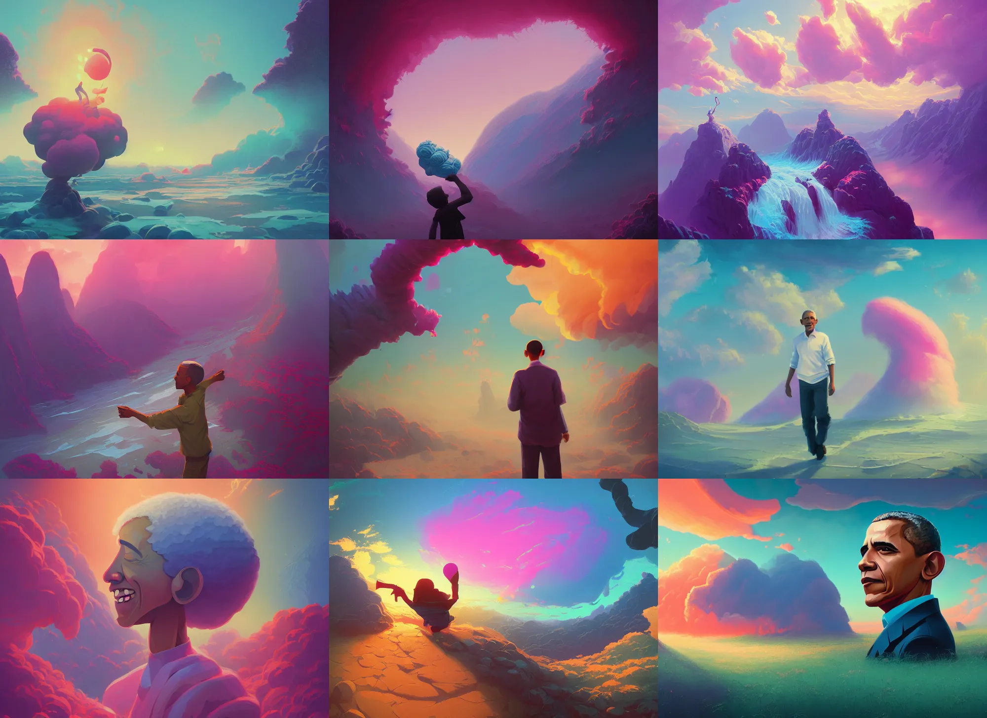 Prompt: Barack Obama made from cotton candy, Alena Aenami, Petros Afshar, Noah Bradley, Anton Fadeev, Anato Finnstark, Steve Henderson, Filip Hodas, Mark Keathley, Thomas Kinkade, Phil Koch, Gilbert Williams, Mike Winkelmann, Beeple