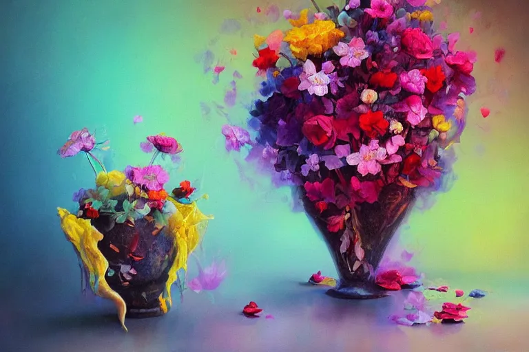 Prompt: vase of melting flowers by jan davidsz, surreal oil painting, luminous, soft lighting, colorful illustration, highly detailed, dream like