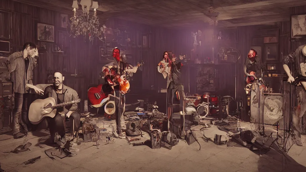 Prompt: horror scene featuring the musicians in dave matthews band, illustrated by rafael marquez digital art western aesthetic, artger, unreal engine 5