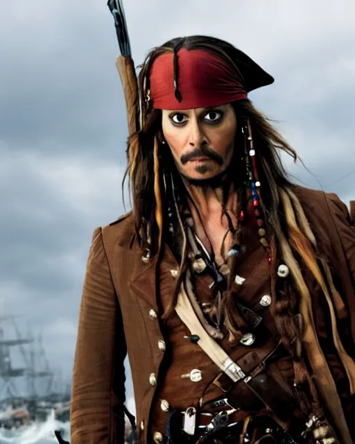 Image similar to David Tennant in the role of captain jack sparrow, film still, amazing short, 8K, IMAX, ultra detailed