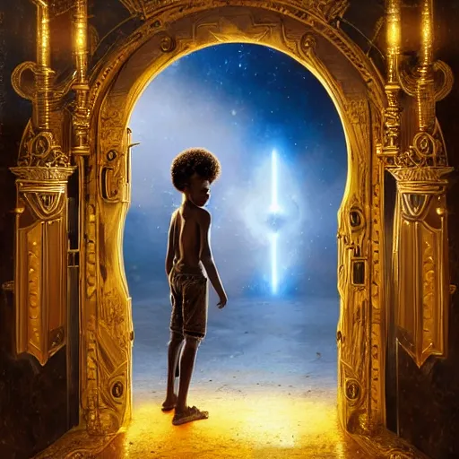 Image similar to an 8 k resolution matte painting of an african boy entering a magical, golden, very ornate door that leads to futuristic heaven, by michael whelan with cinematic, volumetric lighting