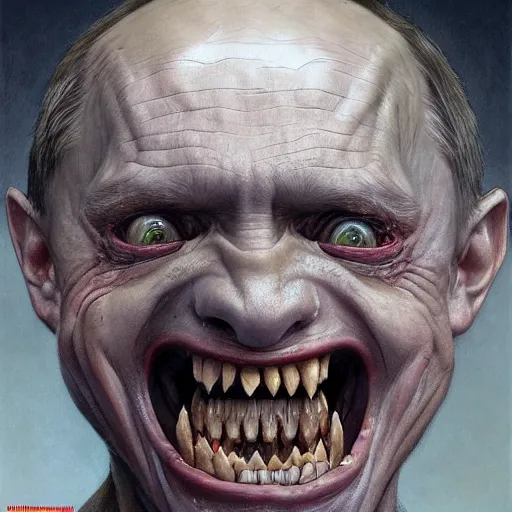 Image similar to vladimir putin, is evil gremlin, rotten teeth, horror, macabre by donato giancola and greg rutkowski and wayne barlow and zdzisław beksinski, realistic face, digital art