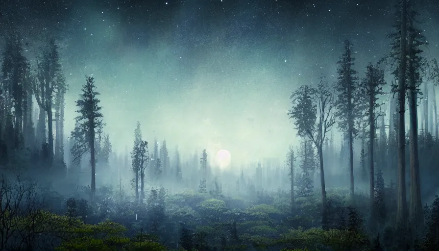 Image similar to a beautiful forest landscape at dusk, big moon and stars in the sky, matte painting, dark blue tones, concept art, 4k