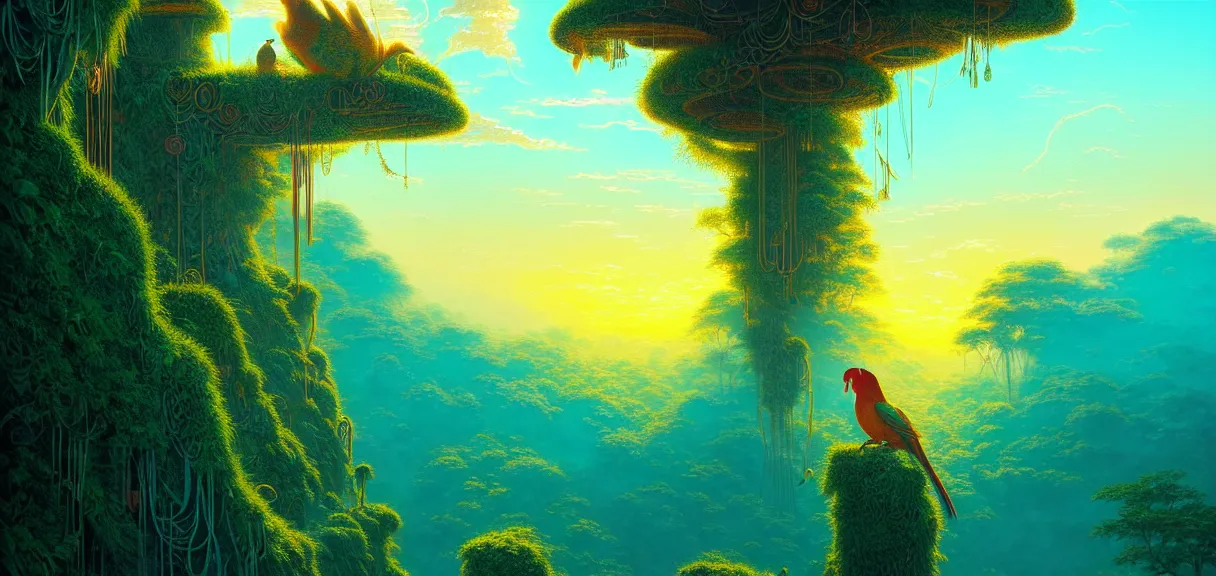 Prompt: post - minimalism portrait of a magical jungle labyrinth bird's eye view, golden clouds, vibrant turquoise color scheme, highly detailed, in the style of romanticism, cinematic, artstation, moebius, greg rutkowski