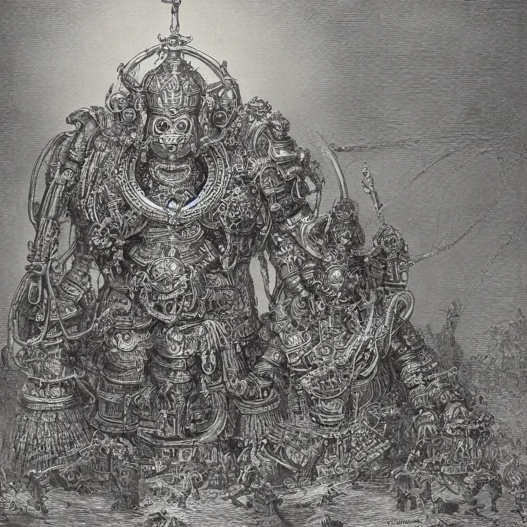 Image similar to A detailed engraving of a giant hindu robot god in the style of gustave dore