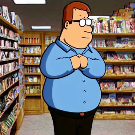 Image similar to realistic peter griffin standing in a video store in 2 0 0 2.