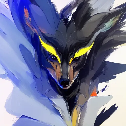 Image similar to concept art of winged wolf neon blue and black, highly detailed painting by dustin nguyen, akihiko yoshida, greg tocchini, 4 k, trending on artstation, 8 k