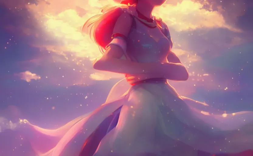 Image similar to Princess rosalina, anime painting, 3d render, hyper realistic, dramatic lighting, the sky is a nebula on fire, 8k hdr pixiv dslr photo by Makoto Shinkai ilya kuvshinov and Wojtek Fus, digital art, concept art,