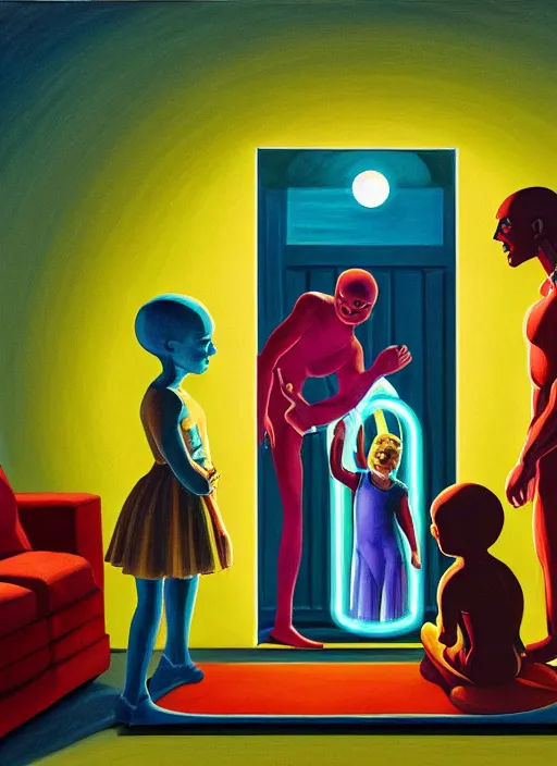 Image similar to painting of a costumed family being shown how to open portals by a large glowing alien in their suburban living room maze, designed by gucci, energetic glowing orbs in the air, in the style of edward hopper and james jean
