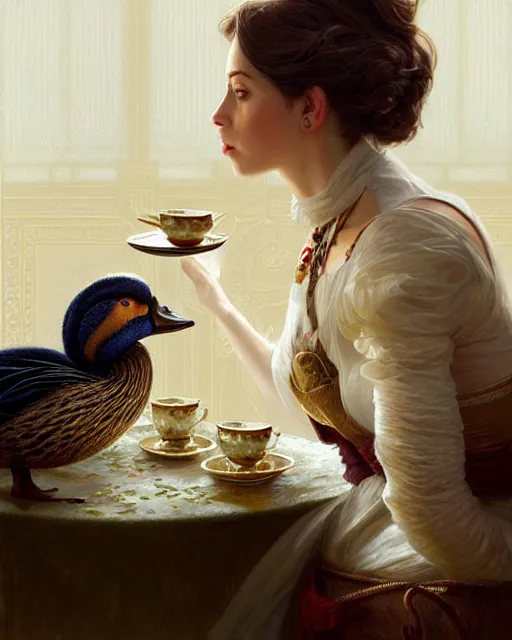 Image similar to Portrait of Anya Anasova & a mallard & a pig having tea at the Ritz, real life skin, intricate, elegant, highly detailed, artstation, concept art, smooth, sharp focus, art by artgerm and greg rutkowski and alphonse mucha