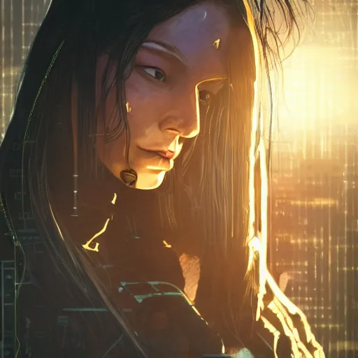 Image similar to a portrait of a sad cyberpunk long black hair women standing in a soft lighting, golden hour, ahestetic, very detailed, super detailed, extremely beautiful,