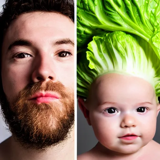 Image similar to A lettuce in the shape of a baby on top of the head of a young man with a short beard, portrait photography