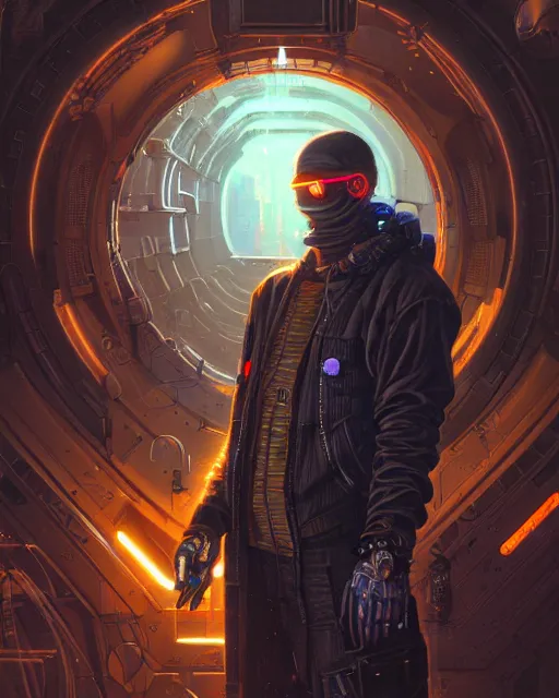 Prompt: a highly detailed portrait of a cyberpunk hacker, steampunk stargate by greg rutkowski and android jones in a surreal portrait style, oil on canvas, ancient cyberpunk 8k resolution, masterpiece