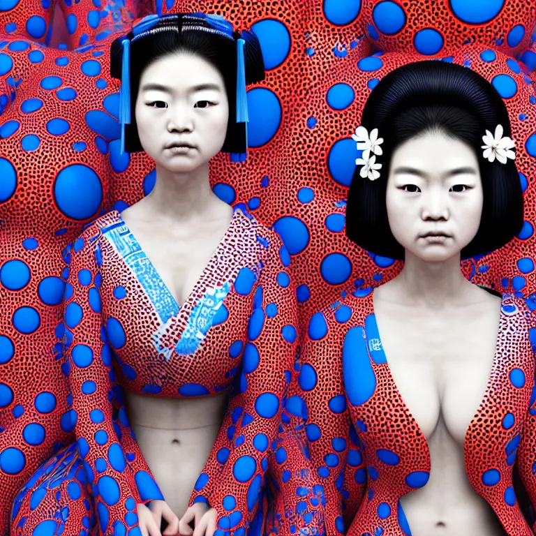 Image similar to hyperrealistic detailed image of a geisha in a art installation room, hd smooth interior by yayoi kusama, part by kei mieno, part by ross tran, dark art by james jean, ultra realistic, highly detailed, life like face, detailed body, 8 k, 3 d render by roger magrini, masterpiece