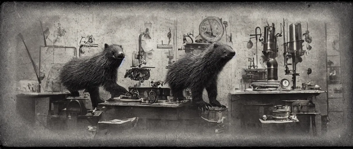 Prompt: detailed daguerreotype of a honey badger as watchmaker in workshop, steampunk laboratory, vintage style, wet collodion, steampunk, sepia, monochrome black and white, artistic photo from late xix century, high resolution, dark atmosphere