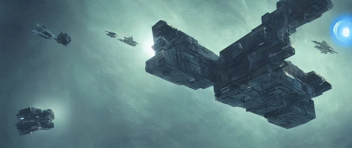 Image similar to concept art, a single spaceship, a ship drifting, deep space exploration, the expanse tv series, industrial design, dynamic angle, spatial phenomena, cinematic lighting, 4k, greebles, widescreen, wide angle, beksinski, sharp and blocky shapes