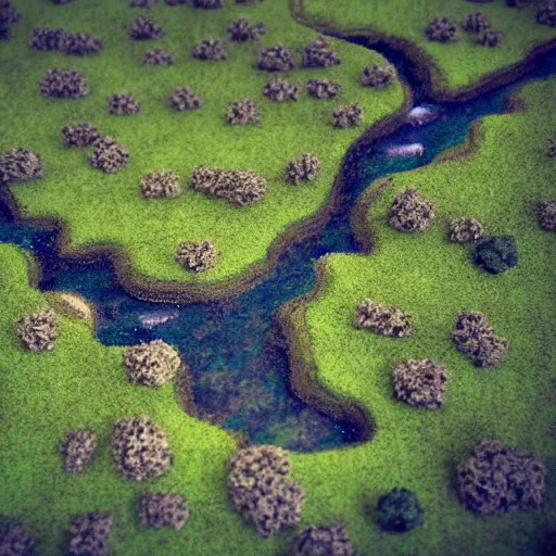 Image similar to serene landscape with a river in the style of a warhammer 4 0 k battlefield, tiltshift view