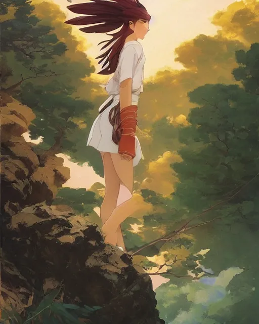 Prompt: a beautiful female anthropomorphic anime eagle warrior standing heroically on a rock. trees. atmospheric lighting, stunning, brave. Eagle girl. by studio ghibli painting, clouds, wide angle , low-angle shot, by Joaquin Sorolla rhads Leyendecker, by Ohara Koson and Thomas Kinkade, traditional Japanese colors, superior quality, masterpiece,trending on artstation, isometric
