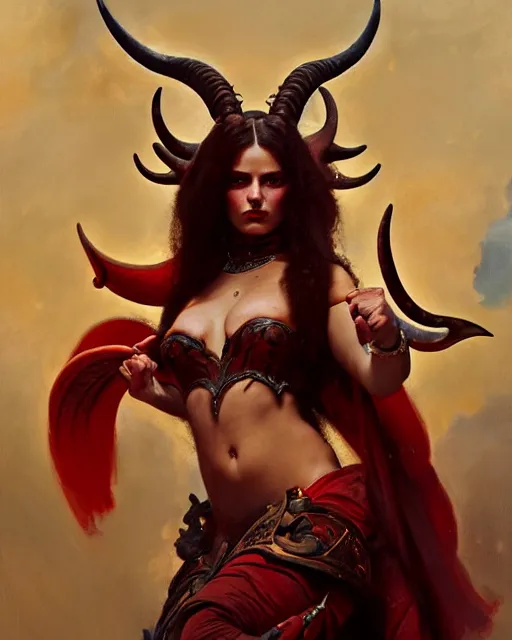 Image similar to painted close - up portrait of an attractive red - skinned intimidating demon girl with ram horns. oil painting, wearing a noblewoman's outfit, fantasy art by greg rutkowski and john singer sargent and gaston bussiere, demon noble character design