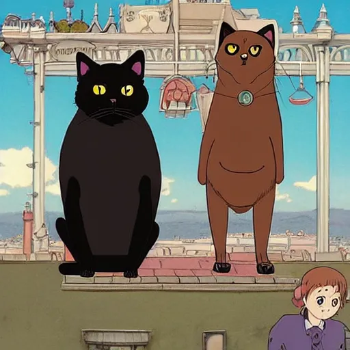 Image similar to an anthropomorphic black cat and pug dog who are in love and holding hands while looking out over a city, Miyazaki, studio ghibli