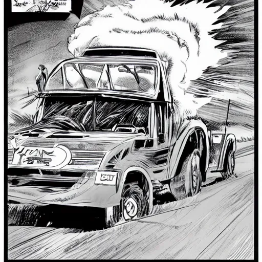 Prompt: a Neal Adams' comic book art of a lone blue van driving into the distance on Nevada's Highway 51, illustration, comic book art