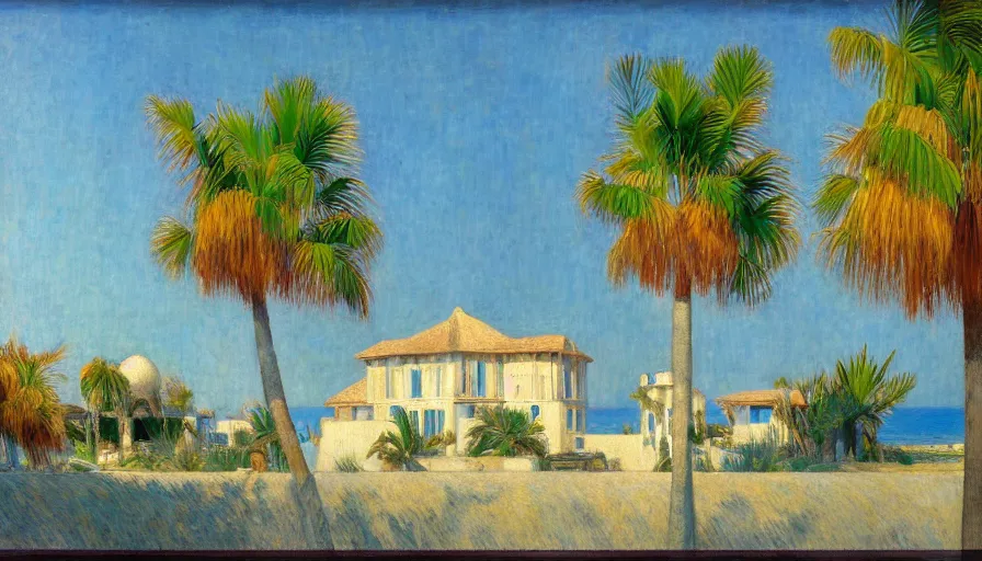 Image similar to a house designed by jules bastien - lepage, tarsila do amaral, frank weston and gustave baumann, beach, trending on artstation, mediterranean, palm trees, sharp focus, colorful refracted sparkles and lines, soft light, 8 k 4 k