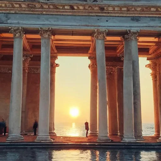 Prompt: A woman wrapped in billowing veils in water under two gilded Roman columns made of human bones, sunset, super photo-realistic