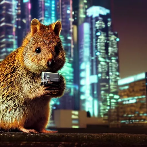 Image similar to a cyberpunk quokka