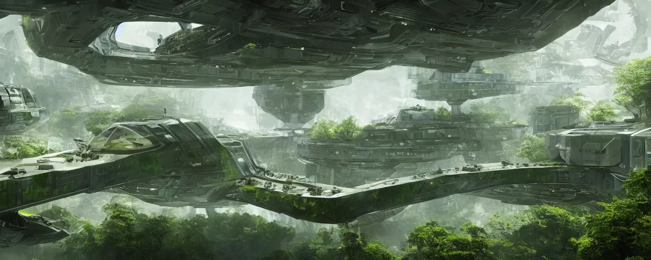 Prompt: a photo of a detailed science-fiction freight wide open architectural multi-level spaceship docking bay with balconies overlooking a dense green forest, with people working, looking out into space, 4k, unreal engine, concept art, matte painting, cosmic horror, nightmare,