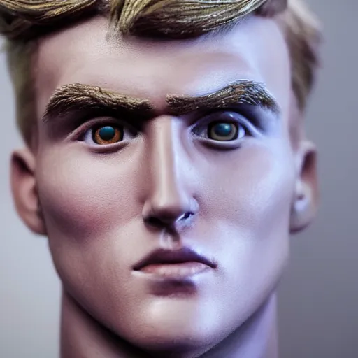 Image similar to a realistic detailed photo of a guy who is an attractive humanoid who is half robot and half humanoid, who is a male android, youtuber jake paul, shiny skin, posing like a statue, blank stare, at the museum, on display