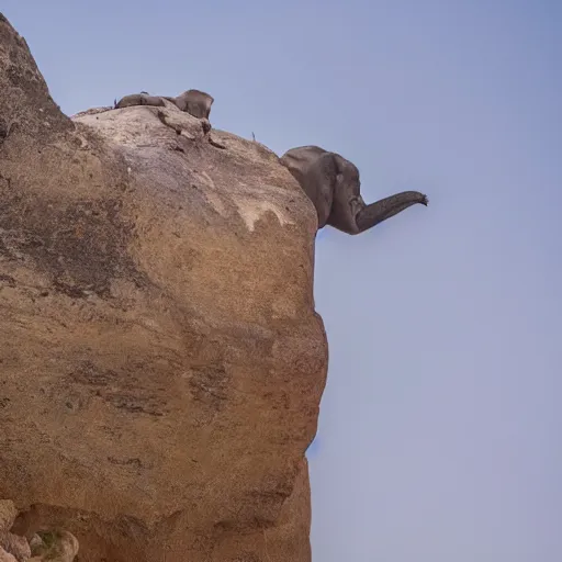 Prompt: photo of jumping elephant falling jumping off of mountain cliff, golden ratio, rule of thirds, extreme close up, wide angle, close up
