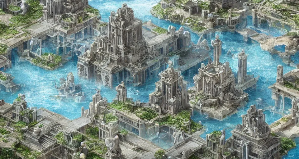 Prompt: the lost city of Atlantis, underwater, far view, fully built buildings, white marble, hyper detailed, 4K