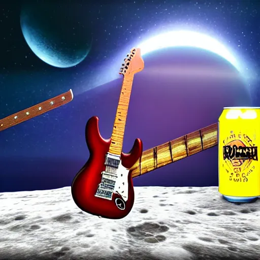 Prompt: a detailed, realistic, idle, regular sized electric guitar next to a detailed, realistic, idle, regular sized beer can on the moon. detailed photo. realistic photo. hyper realism. closeup