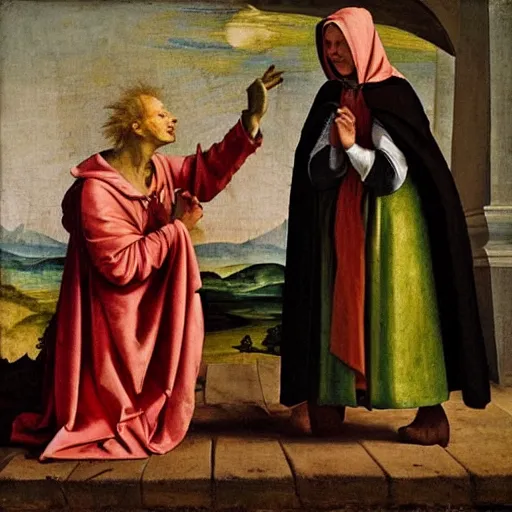 Prompt: goblin and woman in hooded cloak on stage, renaissance painting