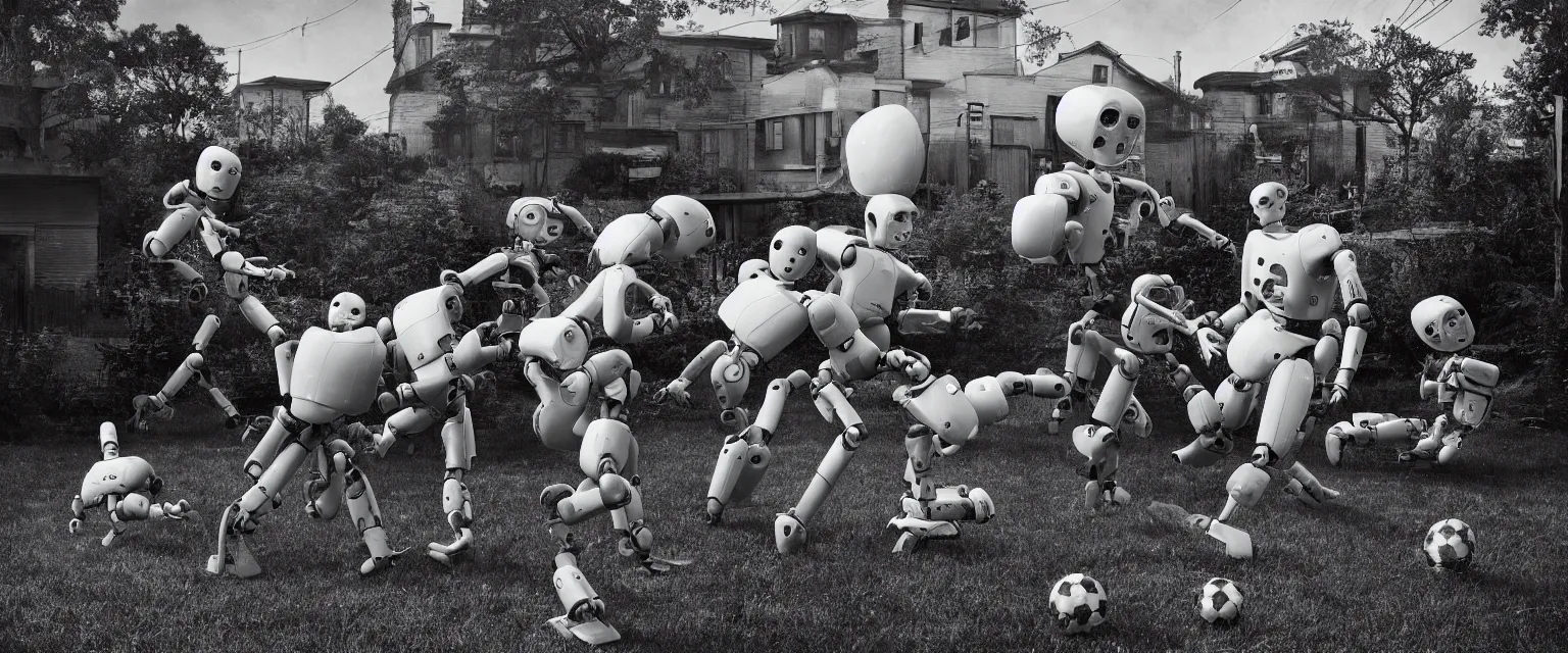 Image similar to detailed sharp photograph in the style of popular science circa 1 9 5 5 and gregory crewdson of robots playing football