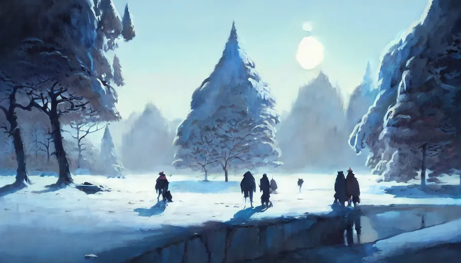 Image similar to highly detailed matte painting of a glistening snowy landscape by atey ghailan, by greg rutkowski, by greg tocchini, by james gilliard, by joe fenton, blue, brown, black and light blue color scheme, octane render