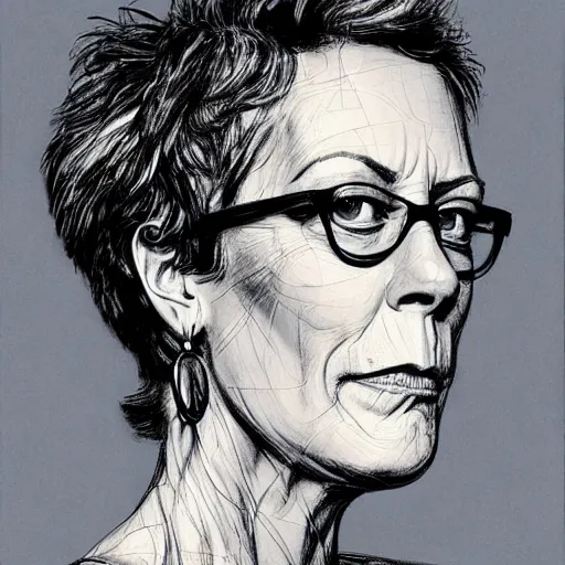 Image similar to a realistic yet scraggly portrait sketch of the side profile of a stern and sophisticated jamie lee curtis, trending on artstation, intricate details, in the style of frank auerbach, in the style of sergio aragones, in the style of martin ansin, in the style of david aja, in the style of mattias adolfsson