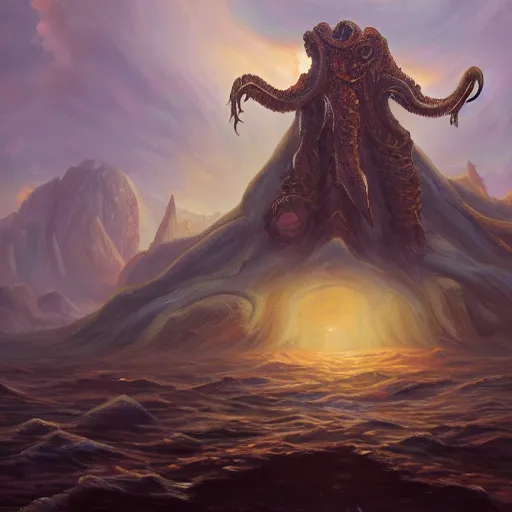 Prompt: a continent that is actually lovecraftian old god with everdreams hunting ground oil painting. oil on canvas. award winning. dramatic. trending on artstation 8 k