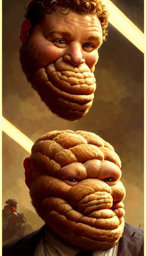 Prompt: hyper realistic seth rogen as bread roll creature hybrid, gorgeous lighting by weta studio, mucha, bautista and norman rockwell and greg rutkowski and tom bagshaw and james gurney and lucasfilm