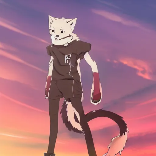 Image similar to key anime visual of a handsome male anthro wolf furry fursona wearing an edgy outfit as he walks outdoors in a city at sunset, official modern anime scene