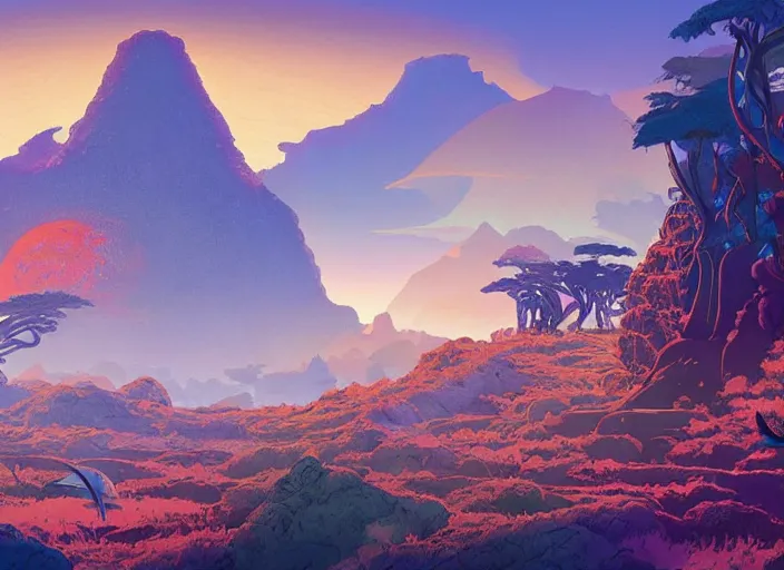 Image similar to psychedelic art of a prehistoric landscape with dinosaurs and volcanoes, detailed, cel shaded, by makoto shinkai and moebius and anton fadeev and james gurney