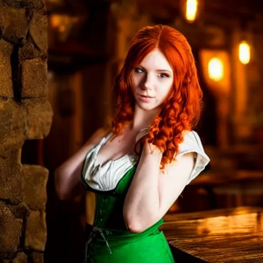 Image similar to beautiful bar maid with auburn hair and green eyes, in a medieval tavern at night, cinematic, filmic