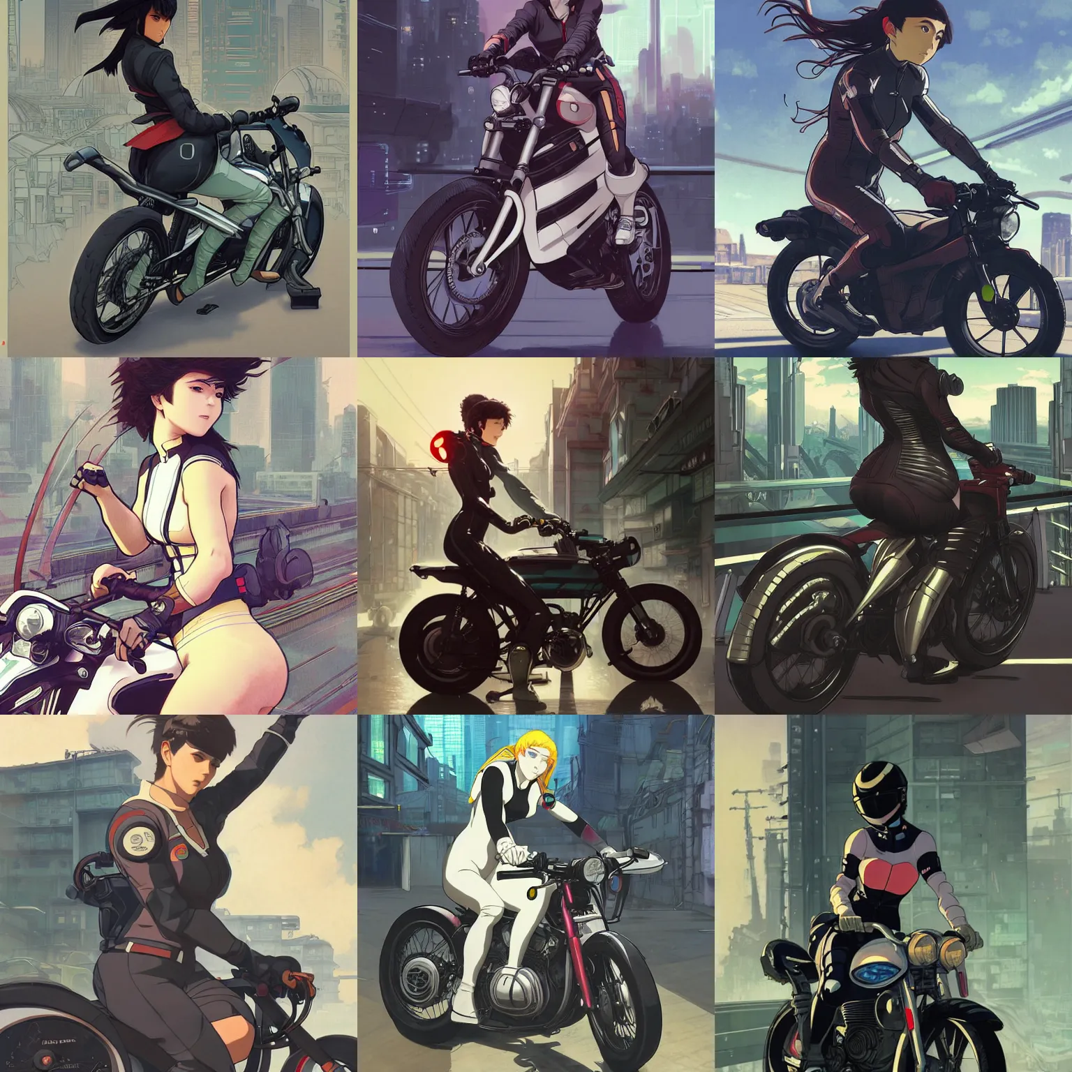Prompt: woman wearing a bikesuit riding a motorcycle through a cyberpunk cityscape, finely illustrated face, highly detailed, colored pencil, studio ghibli, tankobon, in the style of ilya kuvshinov and krenz cushart and william - adolphe bouguereau and alphonse mucha