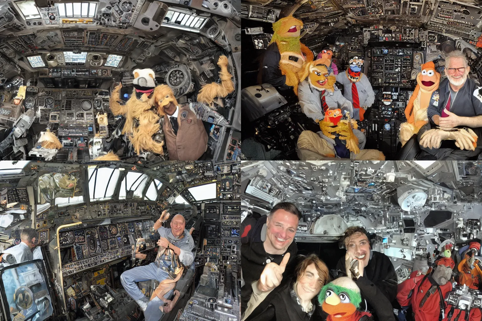 Prompt: Muppets posing for a photo in the cockpit of the Millenium Falcon