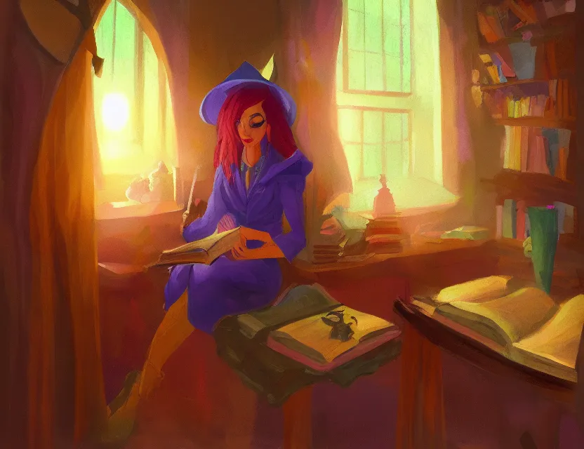 Prompt: anthro witch in a cozy study. complementary colors, oil painting, indie concept art, bloom, chiaroscuro, backlighting, intricate details.